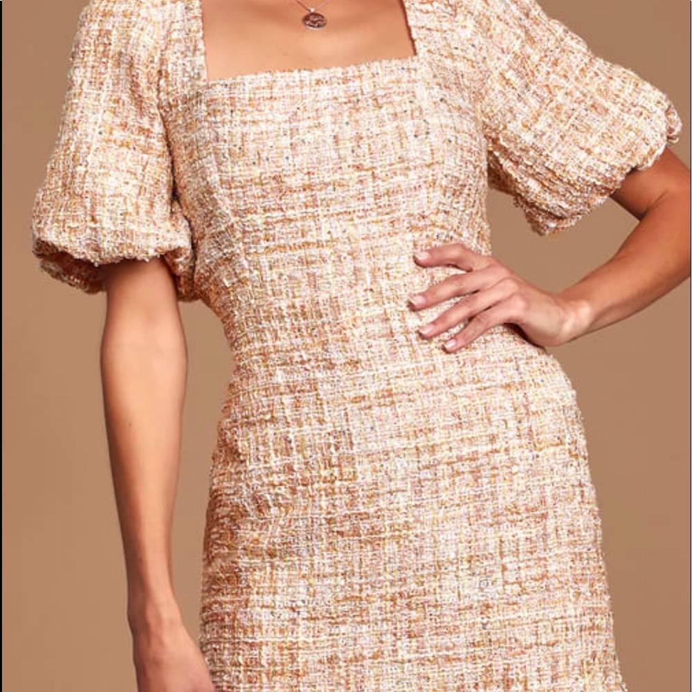 Lulus First Thought pink tweed puff sleeve dress
